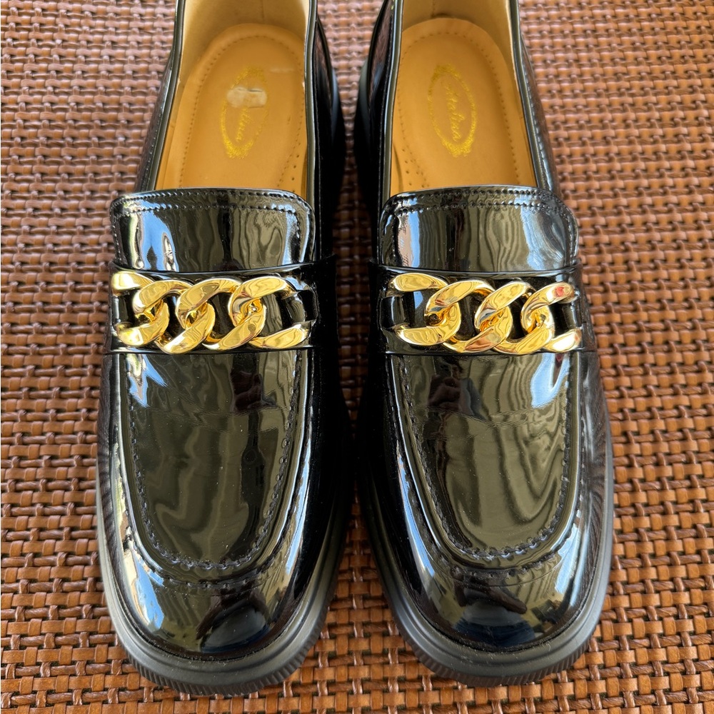 Black and Gold Patent Leather Slip-On Loafers